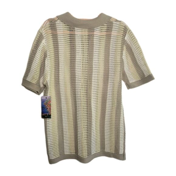 Massive Luxury Crochet Knit Polo Shirt Beige Striped Button Up  M Cotton - Picture 2 of 7